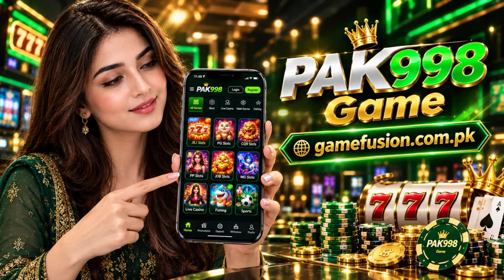 PAK998 Game banner with smartphone and GameFusion branding