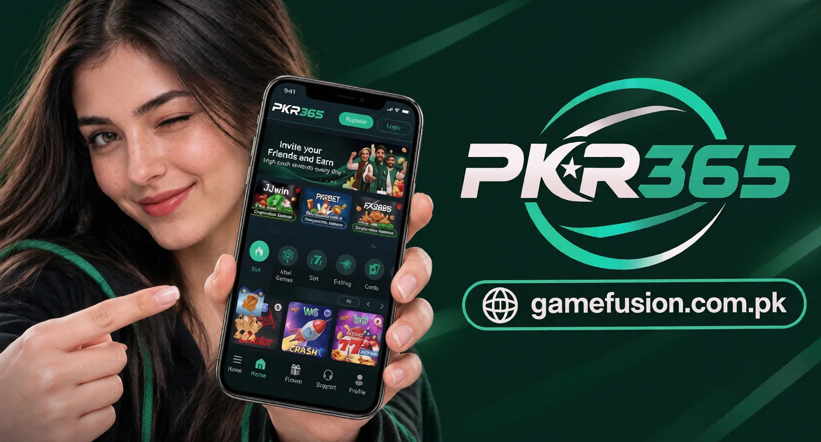 PKR365 game banner with smartphone